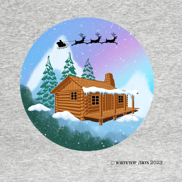 Santa and Reindeer Flying Over A Cabin in the Woods by Whitetop Arts